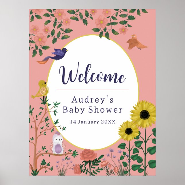 Poster Sympa rose florale Bienvenue au Baby shower (Devant)