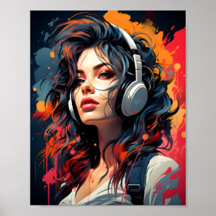 Poster Synthwave Art Nouveau Punk GIRL Écouter De La Musi