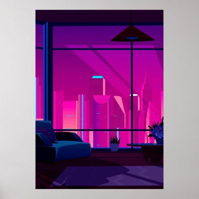Poster Synthwave Neon City : terrasse, penthouse (Devant)