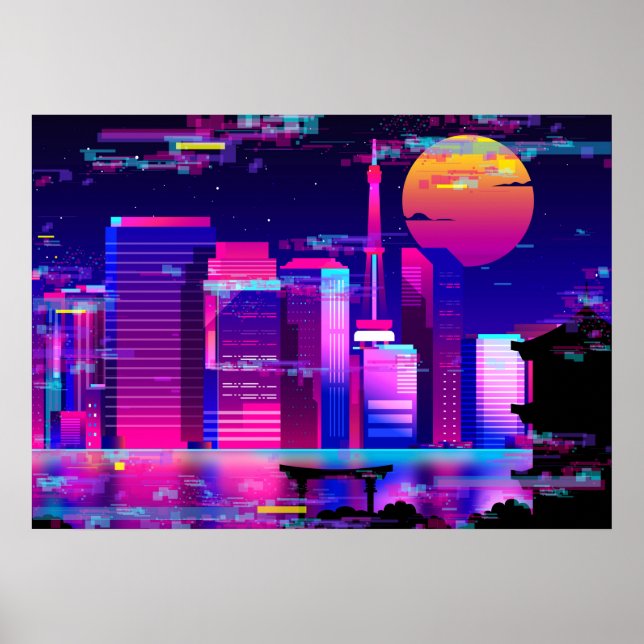 Poster Synthwave Neon City - Tokio glitch (Devant)