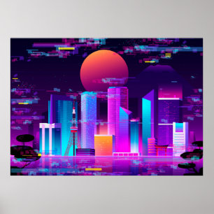Poster Synthwave Neon City - Tokio glitch