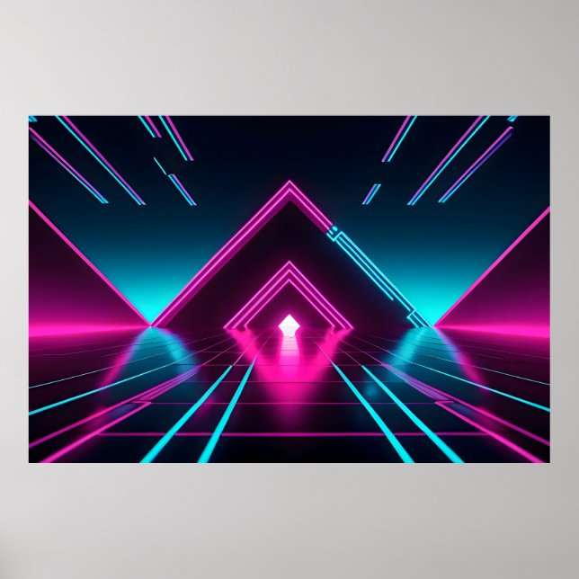 Poster Synthwave Neon Tunnel Glowing Pyramid Abstract (Devant)