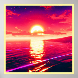 Poster Synthwave numérique Sunset Sea Reflection