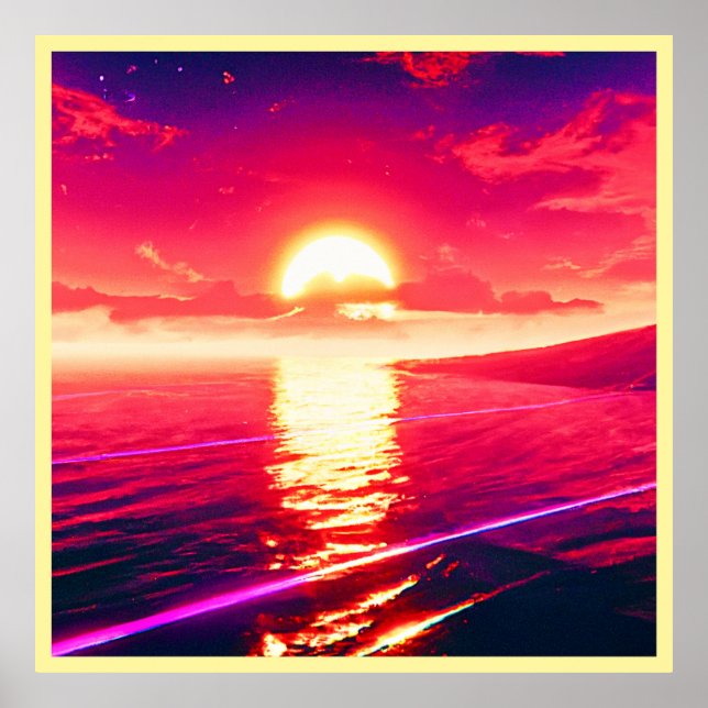 Poster Synthwave numérique Sunset Sea Reflection (Devant)