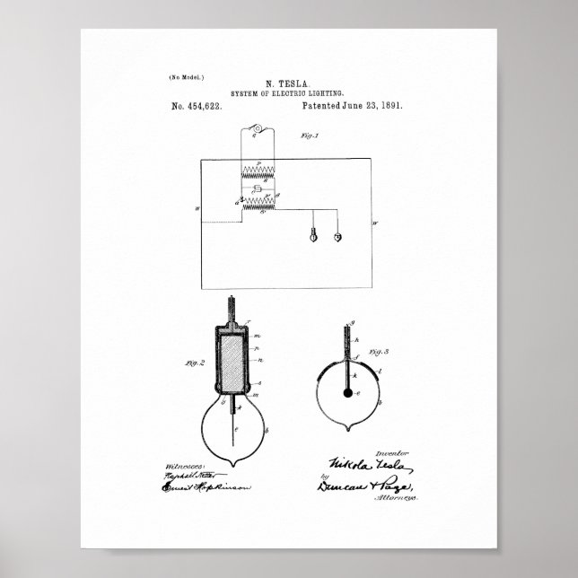 Poster Système Tesla De Brevet D'Éclairage Électrique (Devant)