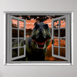 Poster T-Rex Dinosaur Coucher de soleil Vue Faux Fenêtre