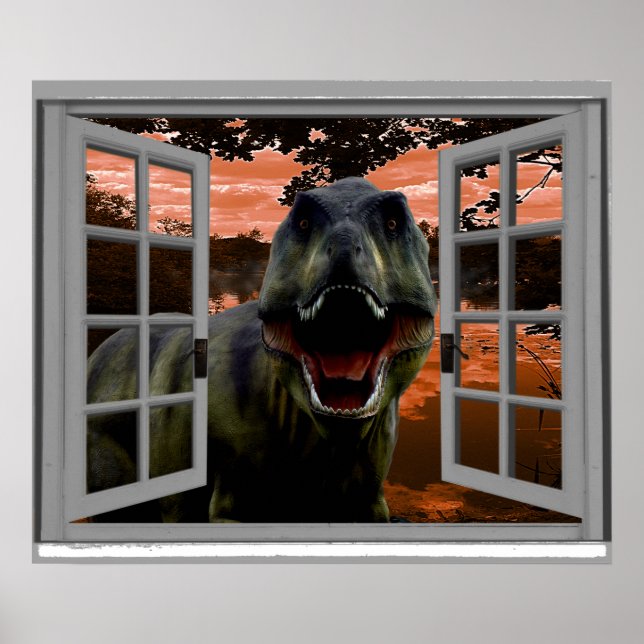Poster T-Rex Dinosaur Coucher de soleil Vue Faux Fenêtre (Devant)
