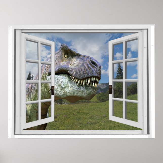 Poster T-Rex Dinosaur Image Vue Fausse Fenêtre (Devant)