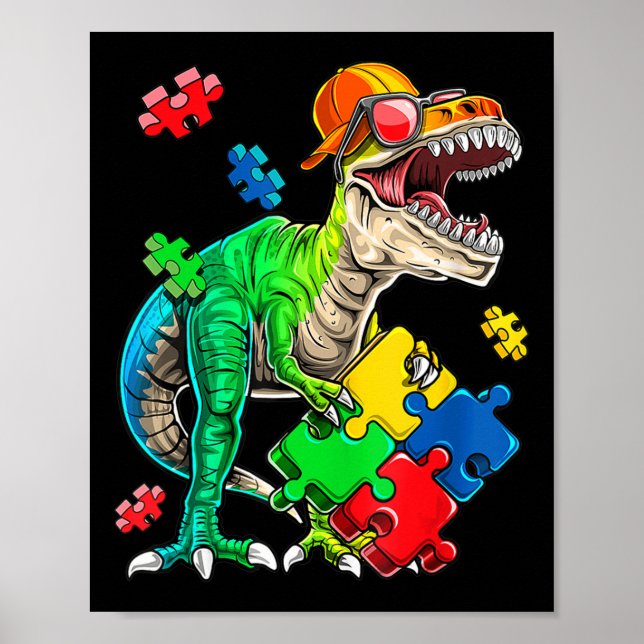 Poster T Rex Dinosaur Sensibilisation sur l'autisme Puzzl (Devant)
