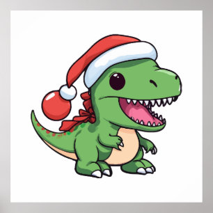 Poster T-Rex dinosaure mignon avec un chapeau de Noël