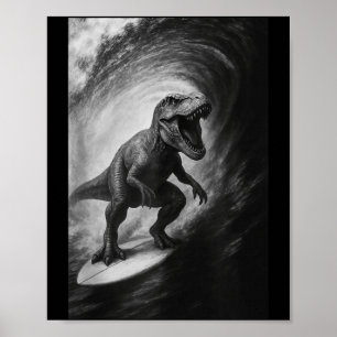 Poster T-rex dinosaure surfant drôle selfie planche de su