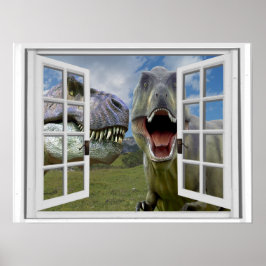 Poster T-Rex Dinosaures Vue Fenêtre Faux