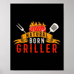 Poster T-shirt drôle pour hommes BBQ Né Grillard Naturel 