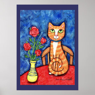 Poster Tabby Cat Avec Art Rose