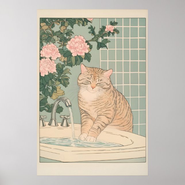 Poster Tabby Cat Bathroom Print Ukiyo-e Japanese Wall Art (Devant)