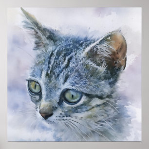 Poster Tabby Gris Kitten Aquarelle Style Art