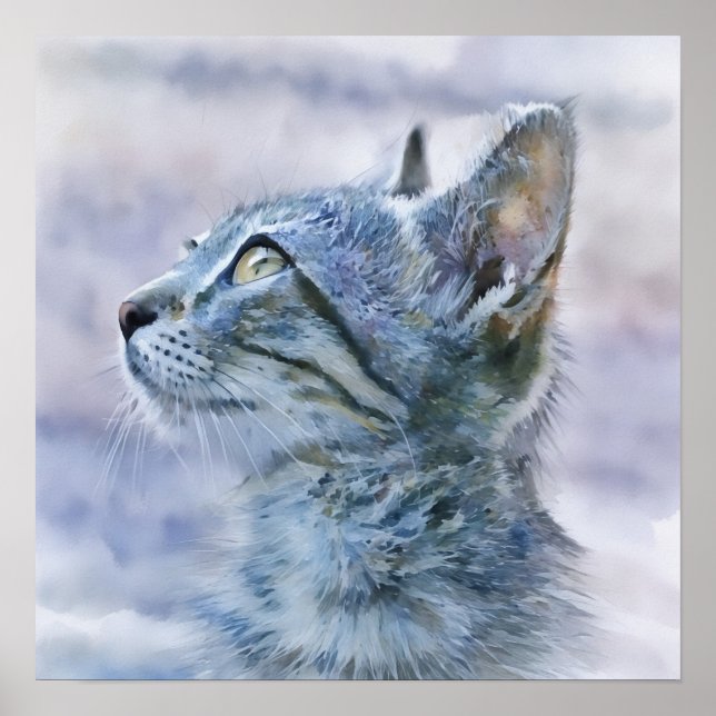 Poster Tabby Gris Kitten Profil Aquarelle Style Art (Devant)