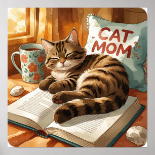 Poster Tabby sur un livre - Aquarelle Amoureux des chats