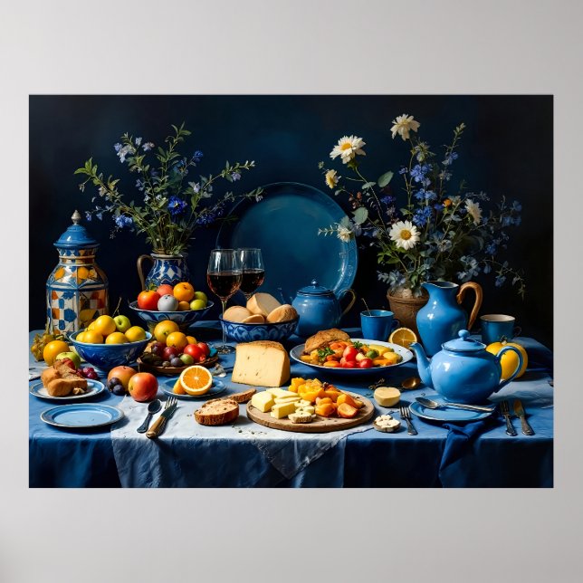 Poster Table bleue Vie morte avec Fruit, Fromage et Flux (Devant)