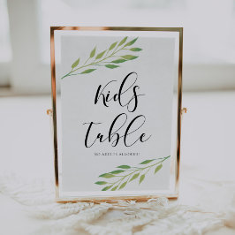 Poster Table Enfants Aquarelle vert feuille signe mariage