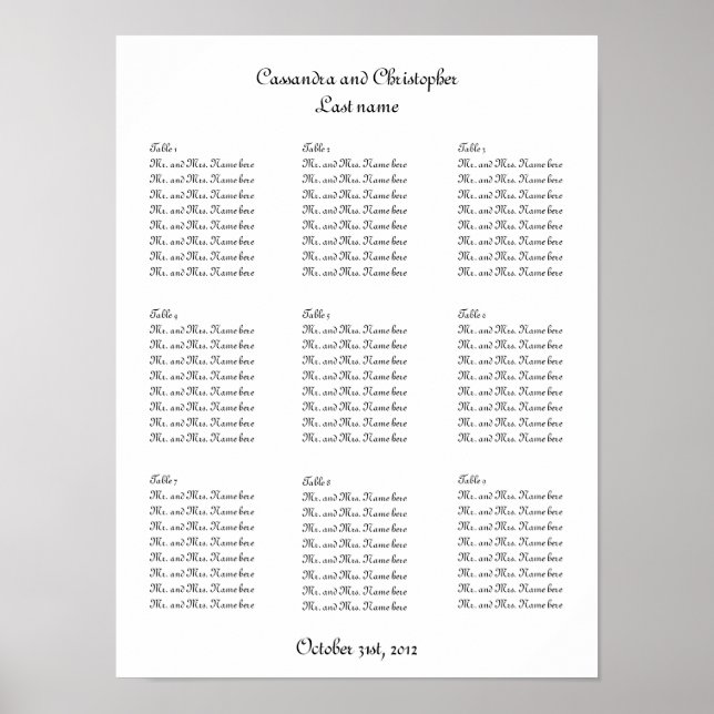 Poster Table mariage en script simple élégante (Devant)