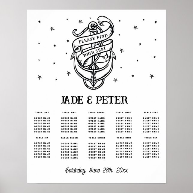 Poster Table Mariage Siège 10 Ancre traditionnelle de tat (Devant)