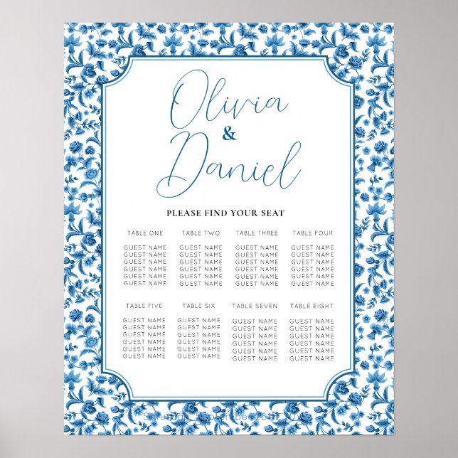 Poster Table Mariage Siège 8 Chintz Bleu & Blanc Floral (Devant)