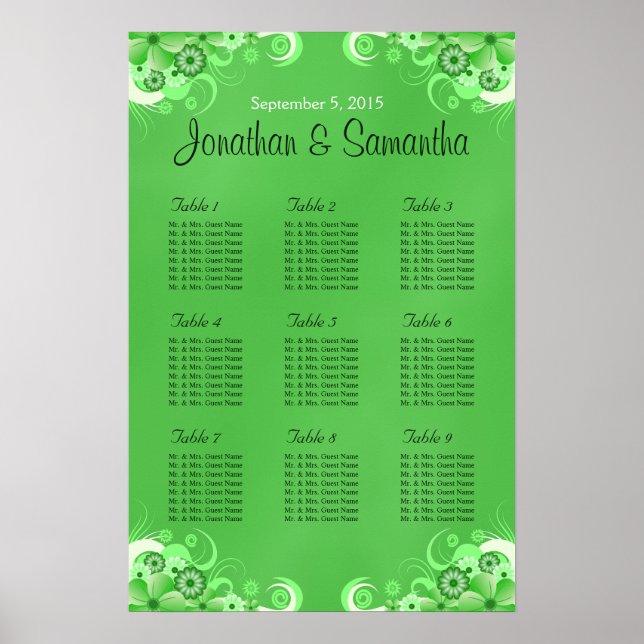Poster Tableaux de Mariage de table en fleurs vert foncé (Devant)