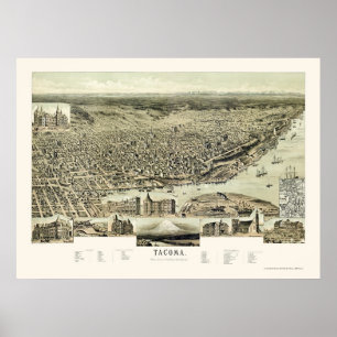 Poster Tacoma, carte panoramique de WA - 1890
