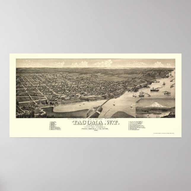 Poster Tacoma, WA Carte panoramique - 1884 (Devant)