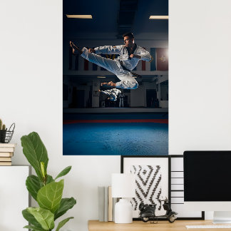 Poster Taekwondo Athlete Performing Flying Sidekick