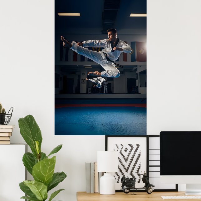 Poster Taekwondo Athlete Performing Flying Sidekick (Bureau à domicile)