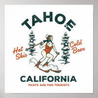 Tahoe, Californie Funny Retro Ski & Beer Art