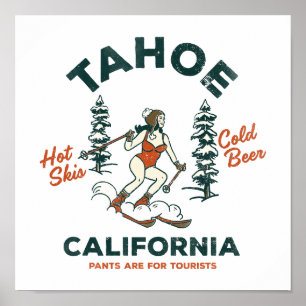 Poster Tahoe, Californie Funny Retro Ski & Beer Art