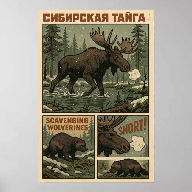 Poster Taïga de Sibérie sauvage - Oies et Wolverines (Devant)
