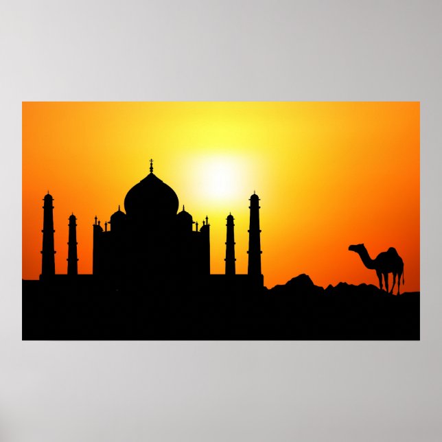 Poster Taj Mahal & Camel Sur Arrière - plan Coucher De So (Devant)