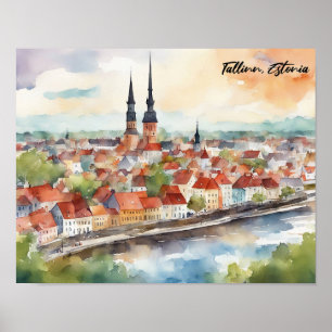 Poster Tallinn Estonie Peinture Aquarelle Panorama