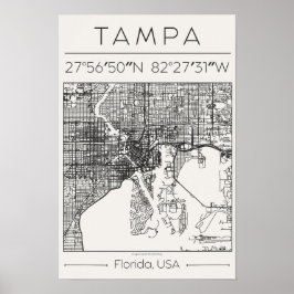 Poster Tampa Floride Carte de Ville au Charbon de Bois Po