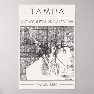 Poster Tampa Floride Carte de Ville au Charbon de Bois Po