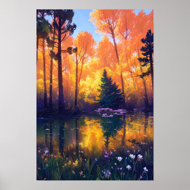 Poster Tapisserie éclairée d'arbres (Devant)