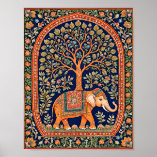 Poster Tapisserie indienne de l'arbre saint et de l'éléph