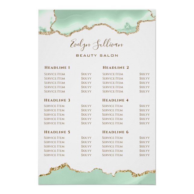 Poster Tarifs de l'Agate Vert de mer Glossy (Devant)