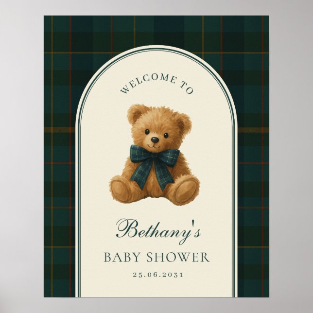 Poster Tartan Check Teddy Bear Baby Shower Welcome (Devant)