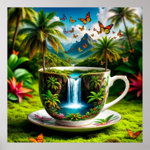 Poster Tasse surréaliste se transformant en cascade tropi