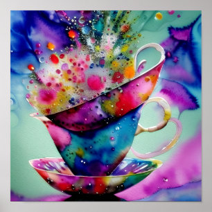 Poster Tasses à thé éclaboussées d'aquarelle