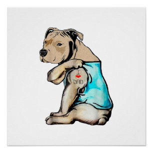 Poster Tatouage de chien Pitbull J'aime Papa Famille drôl