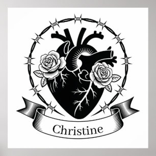 Poster Tatouage de cœur anatomique : Conception en noir e