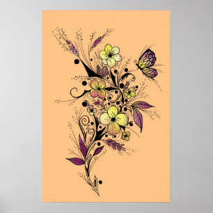 Poster Tatouage de fleur en jaune et violet