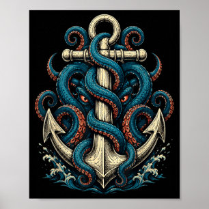 Poster Tatouage nautique ancre kraken sombre
