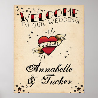 Poster Tatouage vintage Bienvenue à notre panneau Mariage